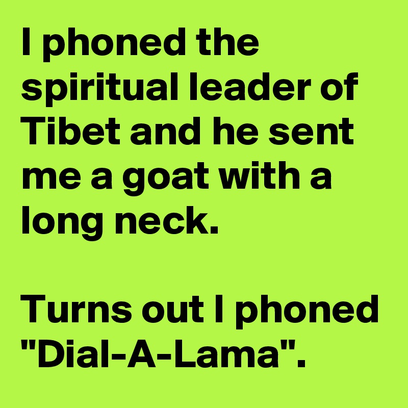 I phoned the spiritual leader of Tibet and he sent me a goat with a long neck. 

Turns out I phoned "Dial-A-Lama". 