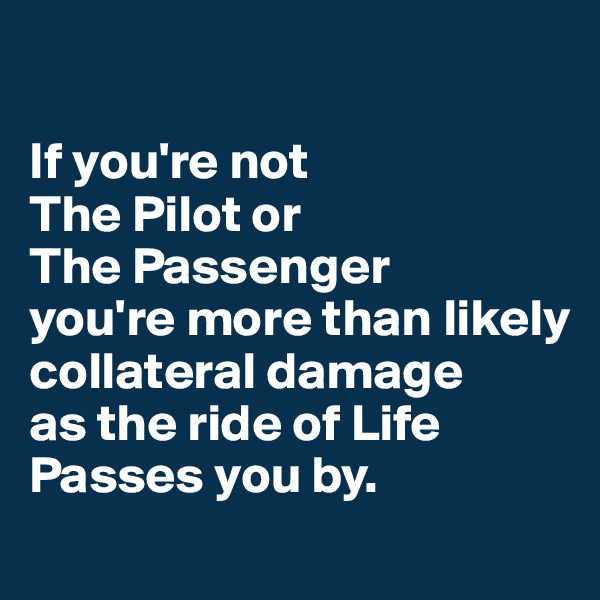 

If you're not 
The Pilot or 
The Passenger 
you're more than likely 
collateral damage 
as the ride of Life Passes you by.
