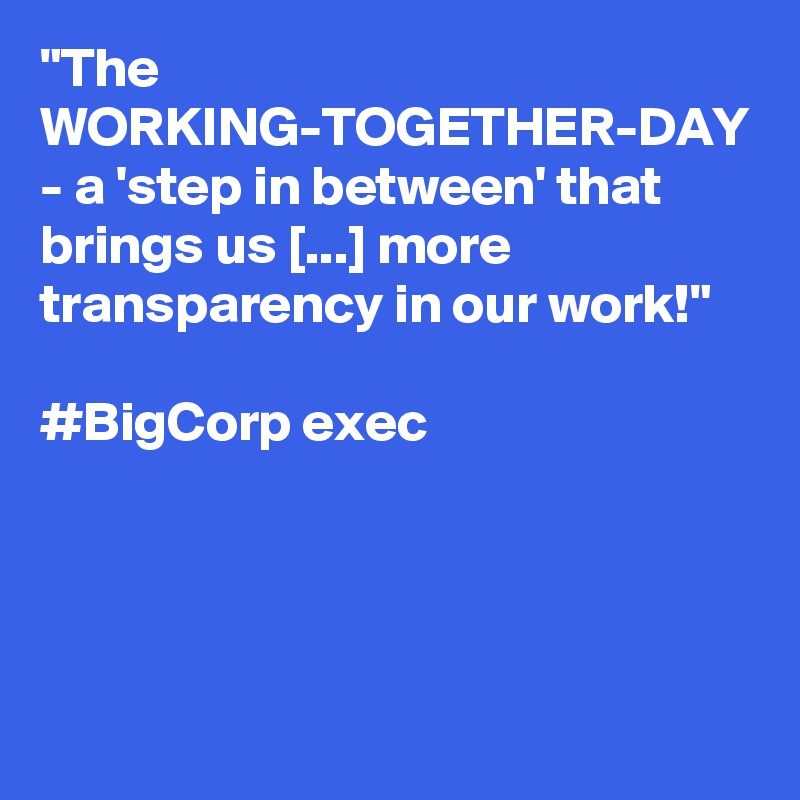 "The  WORKING-TOGETHER-DAY - a 'step in between' that brings us [...] more transparency in our work!"

#BigCorp exec