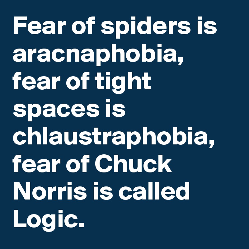 Fear of spiders is aracnaphobia, fear of tight spaces is chlaustraphobia, fear of Chuck Norris is called Logic.