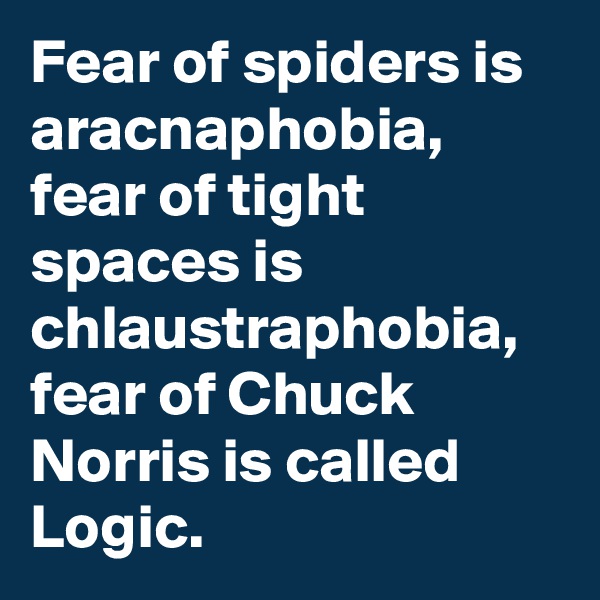 Fear of spiders is aracnaphobia, fear of tight spaces is chlaustraphobia, fear of Chuck Norris is called Logic.