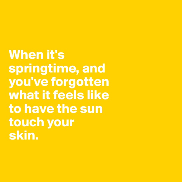


When it's 
springtime, and 
you've forgotten
what it feels like
to have the sun 
touch your 
skin.

