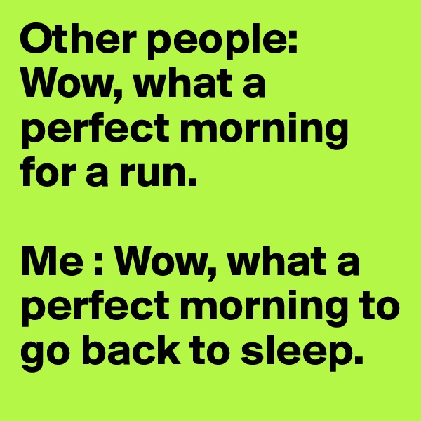 Other people: Wow, what a perfect morning for a run. 

Me : Wow, what a perfect morning to go back to sleep. 