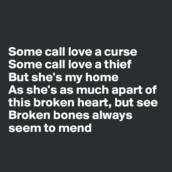 


Some call love a curse
Some call love a thief
But she's my home
As she's as much apart of this broken heart, but see
Broken bones always seem to mend

