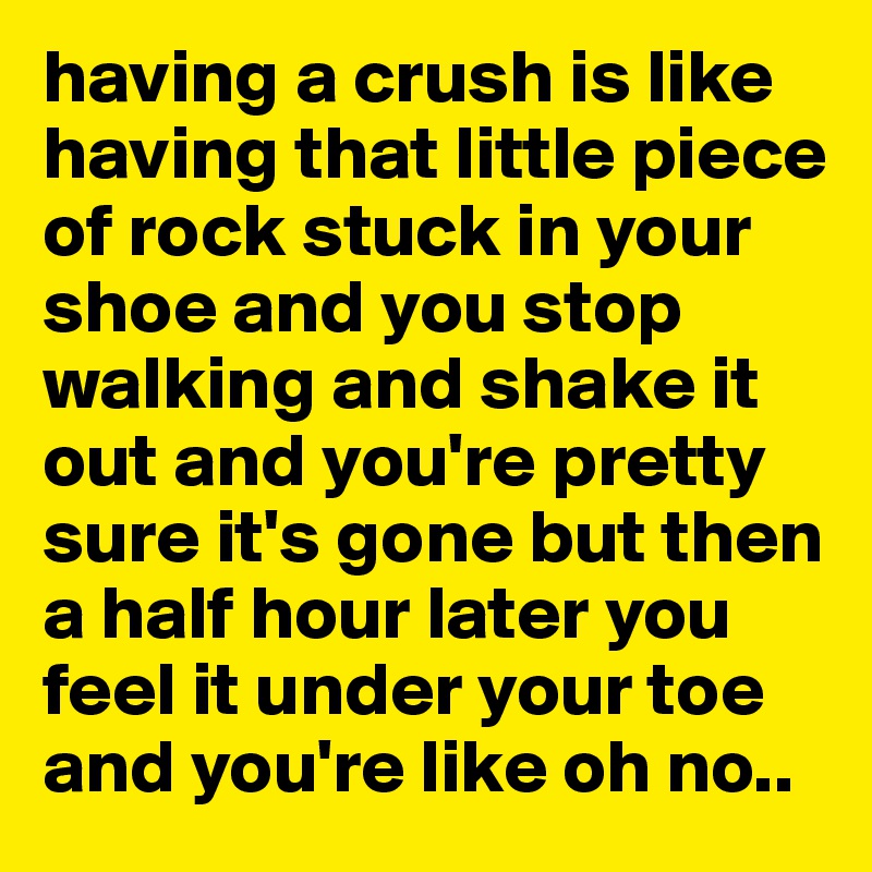 having a crush is like having that little piece of rock stuck in your shoe and you stop walking and shake it out and you're pretty sure it's gone but then a half hour later you feel it under your toe and you're like oh no..