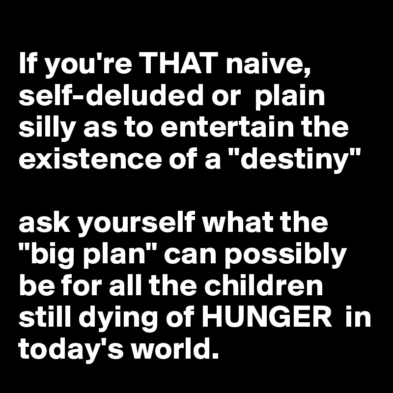 
If you're THAT naive, self-deluded or  plain silly as to entertain the existence of a "destiny"

ask yourself what the "big plan" can possibly be for all the children still dying of HUNGER  in today's world.