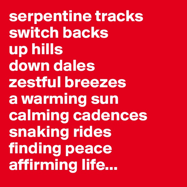 serpentine tracks 
switch backs 
up hills 
down dales 
zestful breezes
a warming sun
calming cadences
snaking rides 
finding peace 
affirming life...