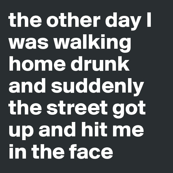 the other day I was walking home drunk and suddenly the street got up and hit me in the face 