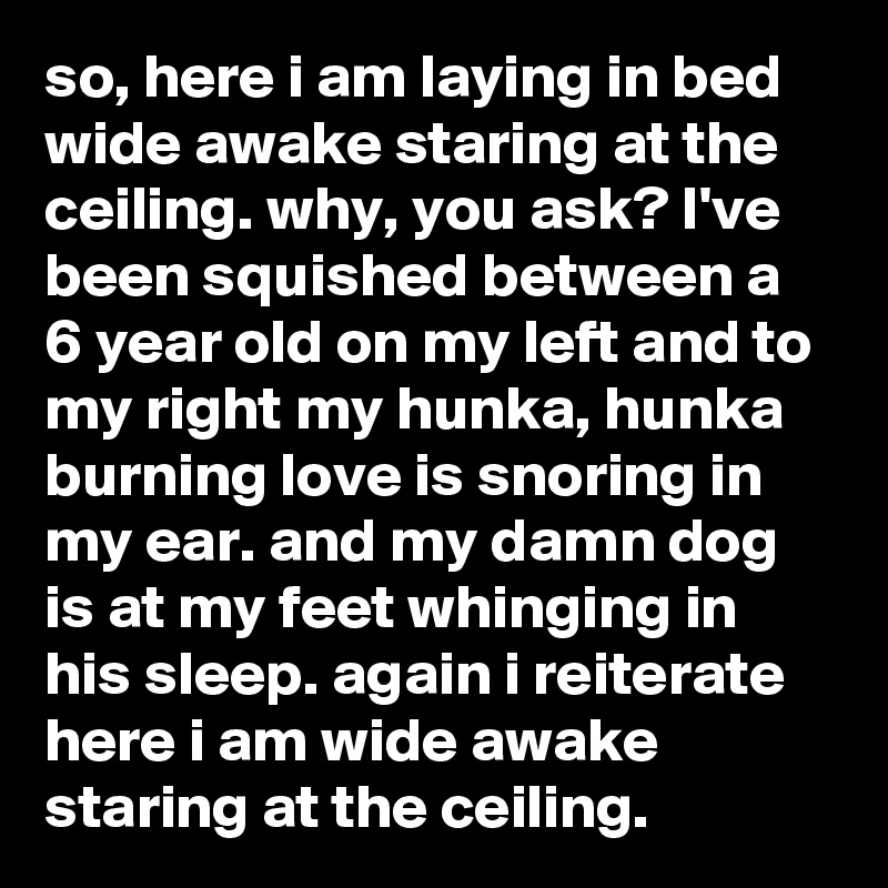so, here i am laying in bed wide awake staring at the ceiling. why, you ask? I've been squished between a 6 year old on my left and to my right my hunka, hunka burning love is snoring in my ear. and my damn dog is at my feet whinging in his sleep. again i reiterate here i am wide awake staring at the ceiling.
