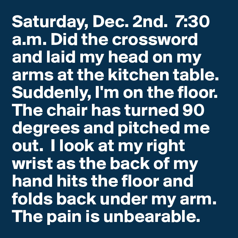 Saturday, Dec. 2nd.  7:30 a.m. Did the crossword and laid my head on my arms at the kitchen table. Suddenly, I'm on the floor. The chair has turned 90 degrees and pitched me out.  I look at my right wrist as the back of my hand hits the floor and folds back under my arm. The pain is unbearable.  