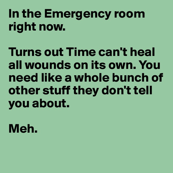 In the Emergency room right now.

Turns out Time can't heal all wounds on its own. You need like a whole bunch of other stuff they don't tell you about. 

Meh.

