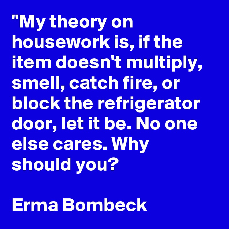 "My theory on housework is, if the item doesn't multiply, smell, catch fire, or block the refrigerator door, let it be. No one else cares. Why should you?

Erma Bombeck