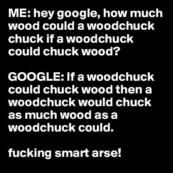 ME: hey google, how much wood could a woodchuck chuck if a woodchuck could chuck wood?

GOOGLE: If a woodchuck could chuck wood then a woodchuck would chuck as much wood as a woodchuck could.

fucking smart arse!
