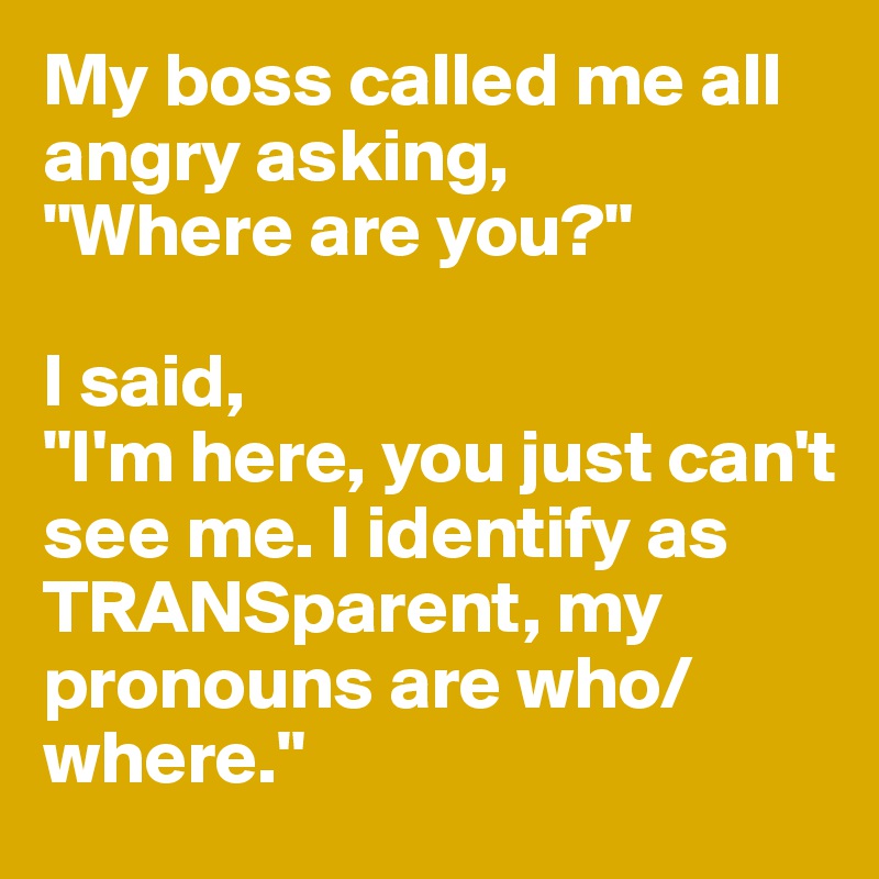 My boss called me all angry asking, 
"Where are you?"

I said, 
"I'm here, you just can't see me. I identify as
TRANSparent, my pronouns are who/where."