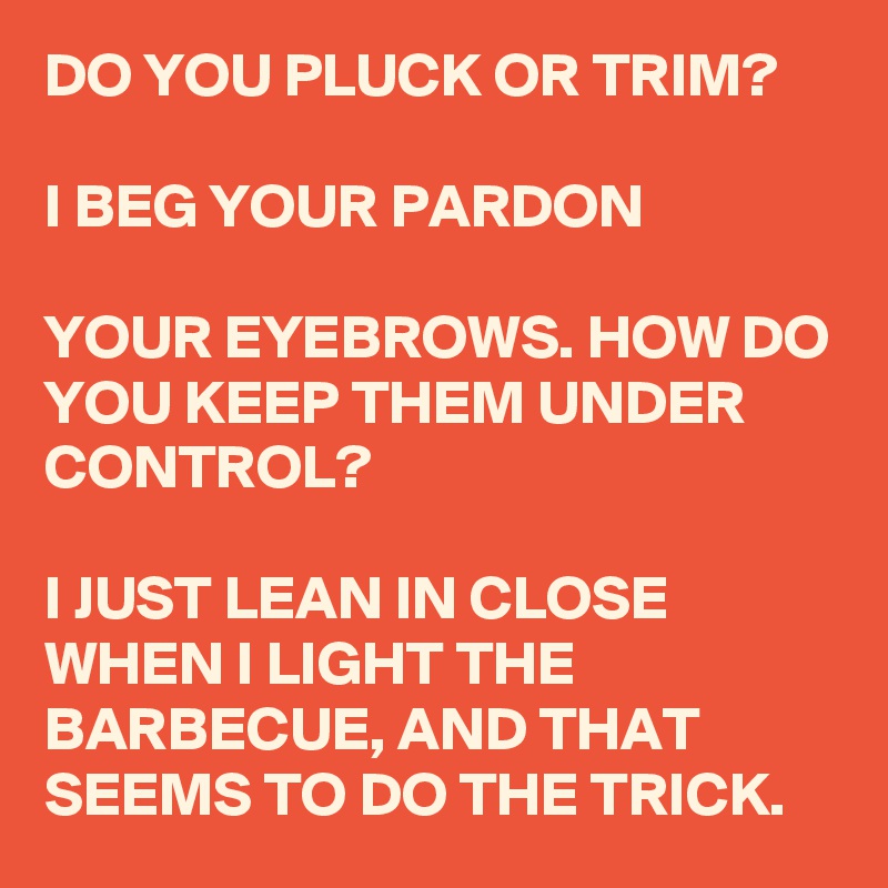 DO YOU PLUCK OR TRIM?

I BEG YOUR PARDON

YOUR EYEBROWS. HOW DO YOU KEEP THEM UNDER CONTROL?

I JUST LEAN IN CLOSE WHEN I LIGHT THE BARBECUE, AND THAT SEEMS TO DO THE TRICK.