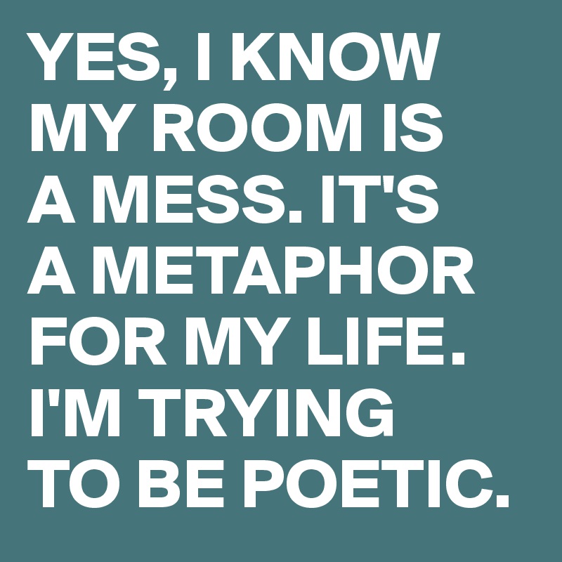 YES, I KNOW MY ROOM IS 
A MESS. IT'S 
A METAPHOR FOR MY LIFE. I'M TRYING 
TO BE POETIC.