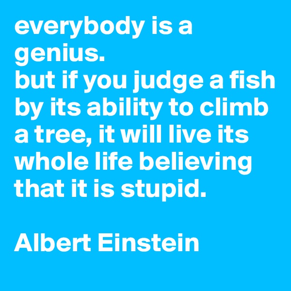 everybody is a genius.
but if you judge a fish by its ability to climb a tree, it will live its whole life believing that it is stupid.

Albert Einstein