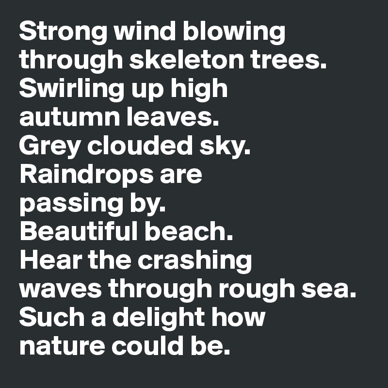 Strong wind blowing through skeleton trees. 
Swirling up high 
autumn leaves. 
Grey clouded sky. Raindrops are 
passing by. 
Beautiful beach. 
Hear the crashing  
waves through rough sea. 
Such a delight how 
nature could be.