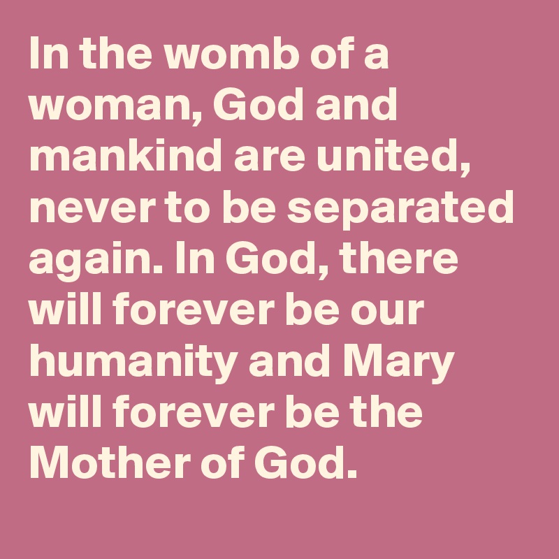 In the womb of a woman, God and mankind are united, never to be separated again. In God, there will forever be our humanity and Mary will forever be the Mother of God.