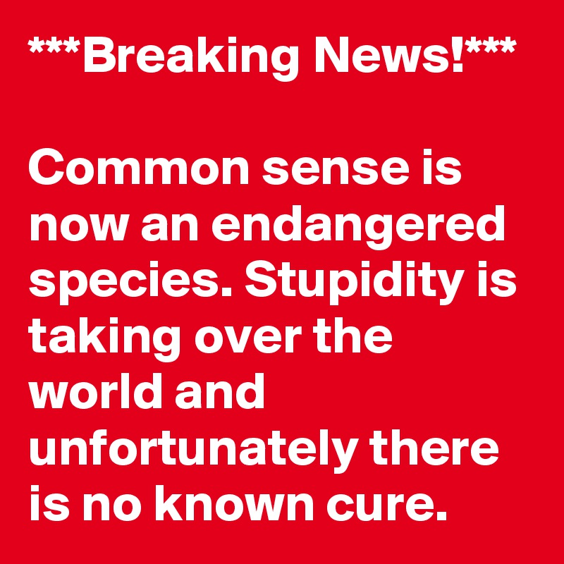 ***Breaking News!***

Common sense is now an endangered species. Stupidity is taking over the world and unfortunately there is no known cure.