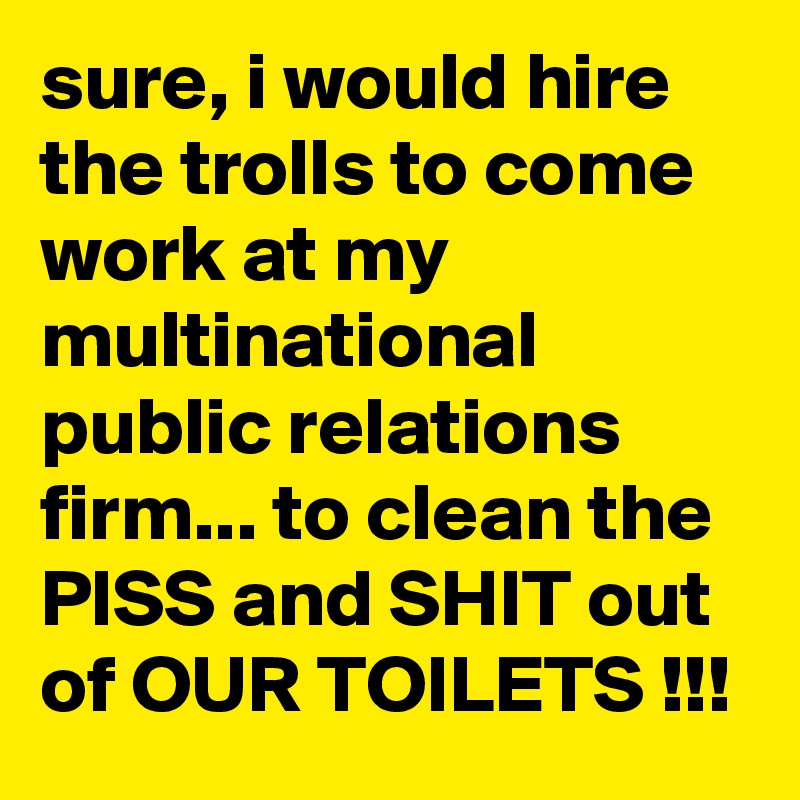 sure, i would hire the trolls to come work at my multinational public relations firm... to clean the PISS and SHIT out of OUR TOILETS !!!
