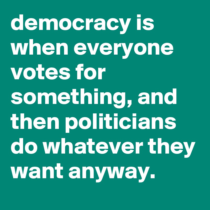 democracy is when everyone votes for something, and then politicians do whatever they want anyway.