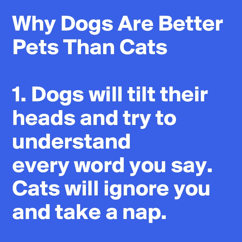 Why Dogs Are Better Pets Than Cats

1. Dogs will tilt their heads and try to understand
every word you say. Cats will ignore you and take a nap.