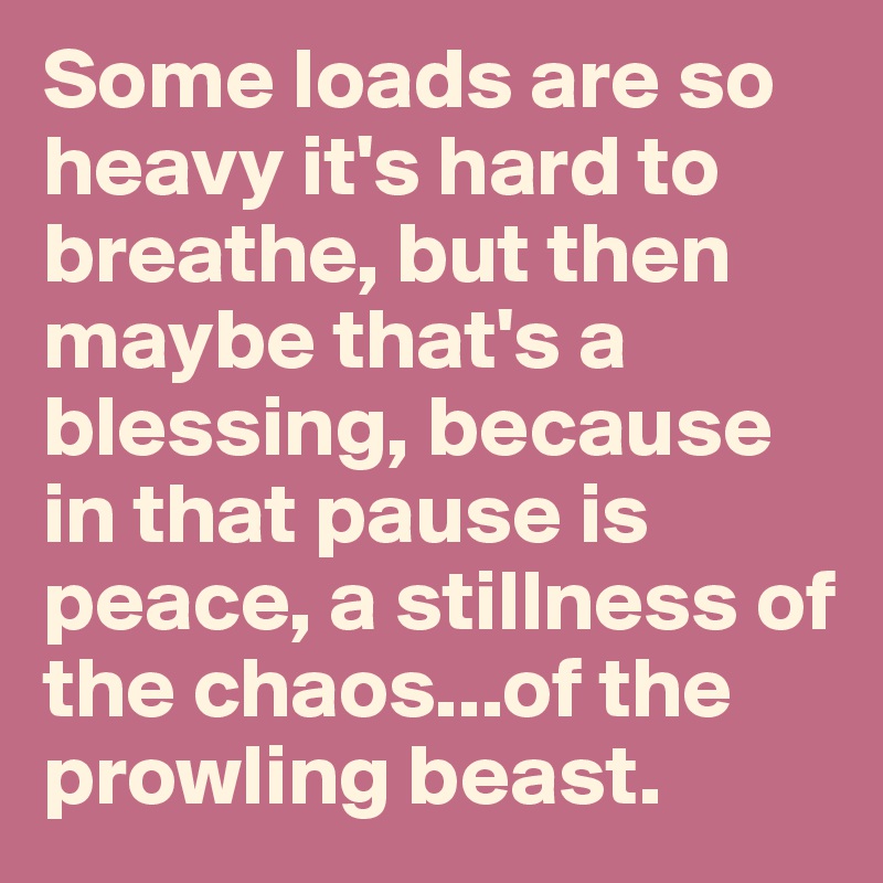 Some loads are so heavy it's hard to breathe, but then maybe that's a blessing, because in that pause is peace, a stillness of the chaos...of the prowling beast.