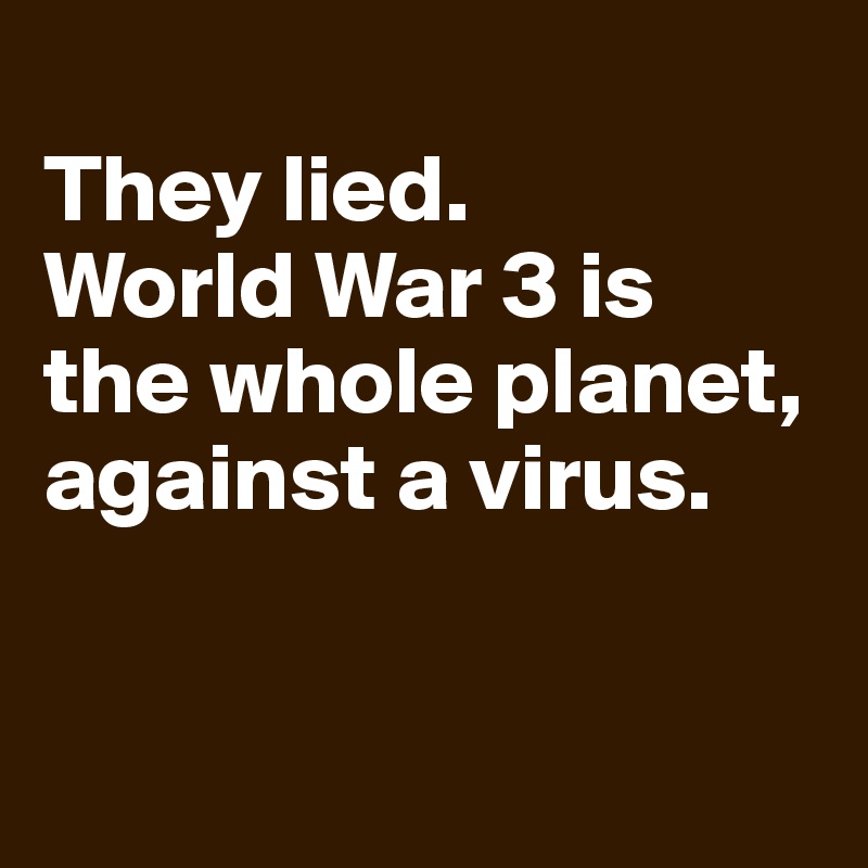 
They lied. 
World War 3 is 
the whole planet, 
against a virus.



