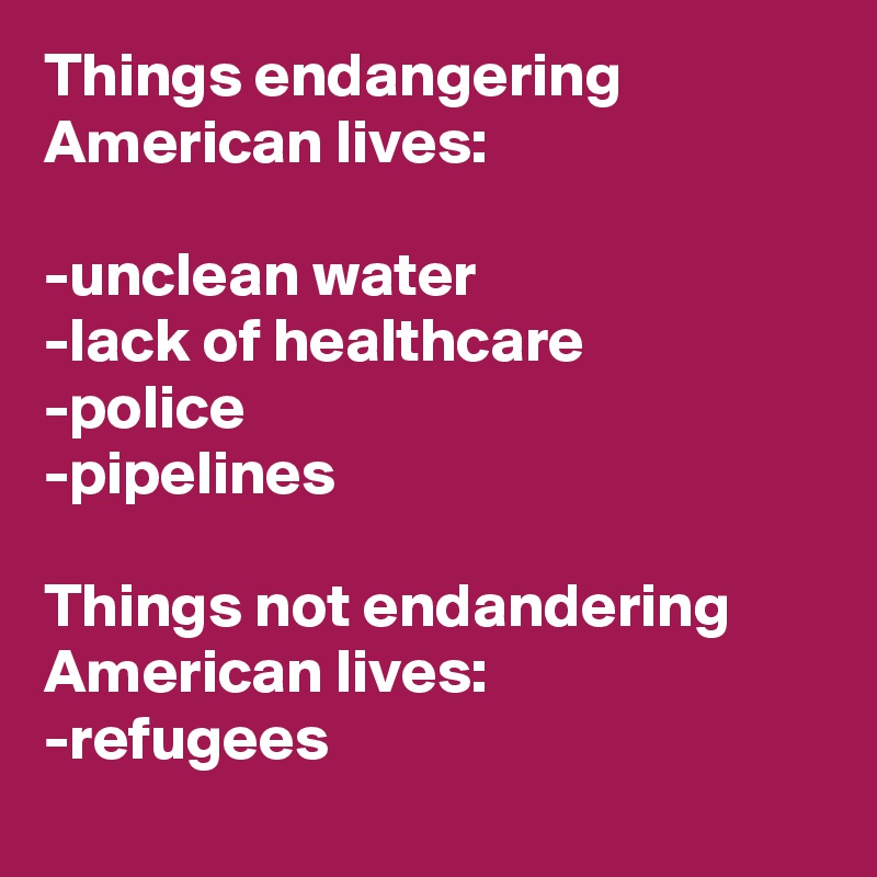 Things endangering American lives:

-unclean water
-lack of healthcare
-police 
-pipelines

Things not endandering American lives:
-refugees