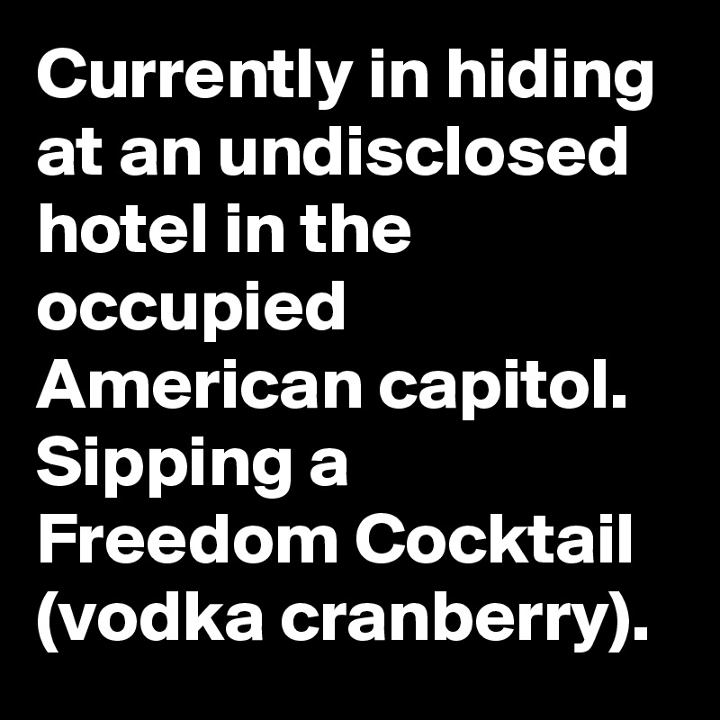 Currently in hiding at an undisclosed hotel in the occupied American capitol. Sipping a Freedom Cocktail (vodka cranberry).