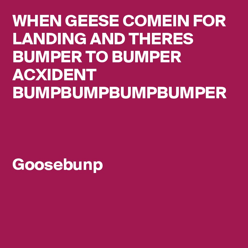 WHEN GEESE COMEIN FOR LANDING AND THERES BUMPER TO BUMPER ACXIDENT 
BUMPBUMPBUMPBUMPER



Goosebunp