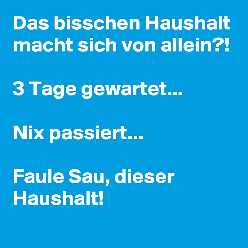 Das bisschen Haushalt macht sich von allein?! 

3 Tage gewartet... 

Nix passiert...

Faule Sau, dieser Haushalt!