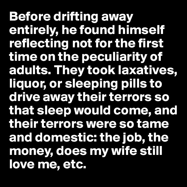 Before drifting away entirely, he found himself reflecting not for the first time on the peculiarity of adults. They took laxatives, liquor, or sleeping pills to drive away their terrors so that sleep would come, and their terrors were so tame and domestic: the job, the money, does my wife still love me, etc.