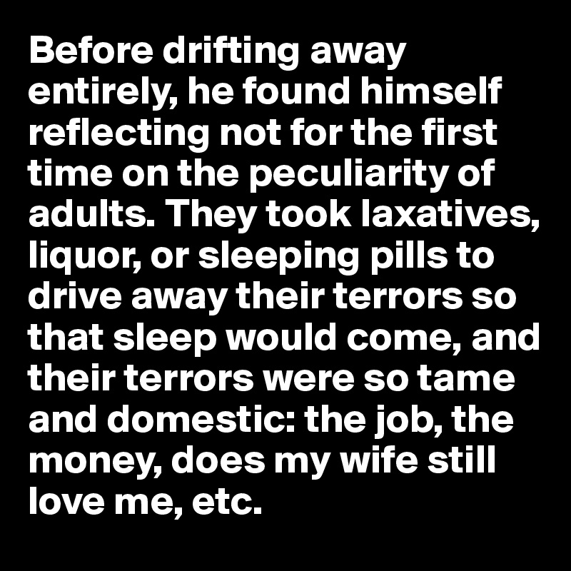 Before drifting away entirely, he found himself reflecting not for the first time on the peculiarity of adults. They took laxatives, liquor, or sleeping pills to drive away their terrors so that sleep would come, and their terrors were so tame and domestic: the job, the money, does my wife still love me, etc.