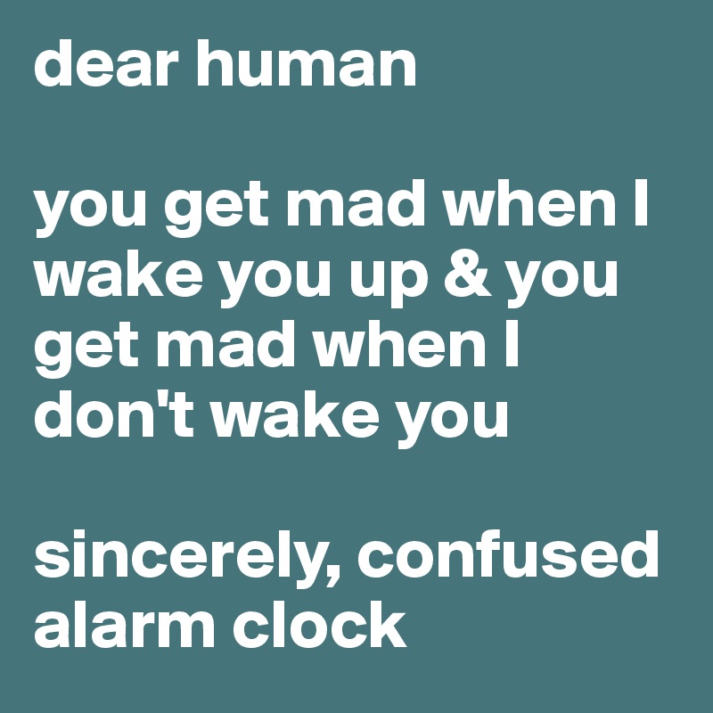 dear human

you get mad when I wake you up & you get mad when I don't wake you

sincerely, confused alarm clock