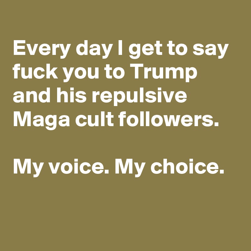 
Every day I get to say fuck you to Trump and his repulsive Maga cult followers. 

My voice. My choice. 

