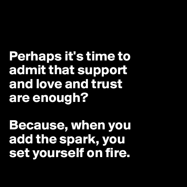 


Perhaps it's time to 
admit that support  
and love and trust 
are enough? 

Because, when you 
add the spark, you 
set yourself on fire.
 