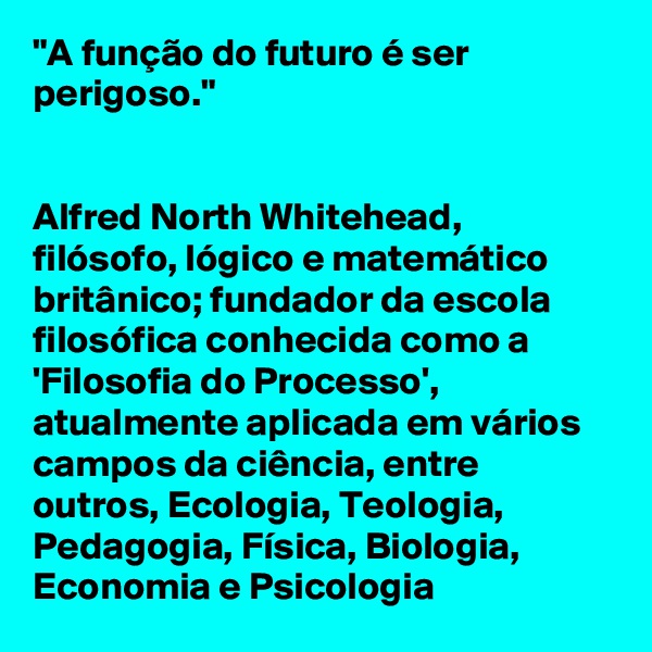 "A função do futuro é ser perigoso." 


Alfred North Whitehead, 
filósofo, lógico e matemático britânico; fundador da escola filosófica conhecida como a 'Filosofia do Processo', atualmente aplicada em vários campos da ciência, entre outros, Ecologia, Teologia, Pedagogia, Física, Biologia, Economia e Psicologia