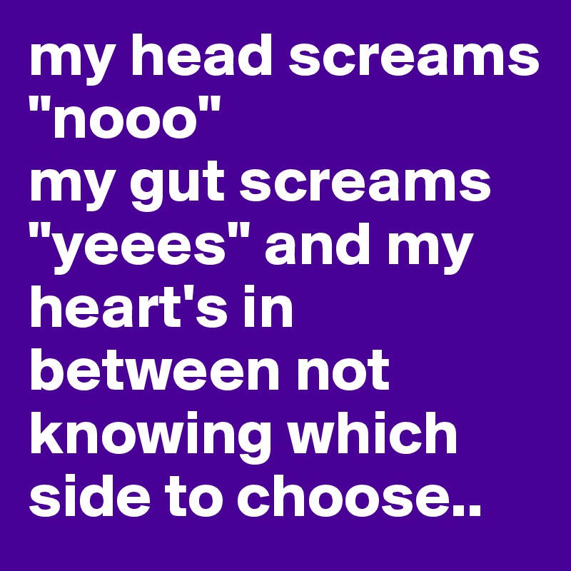 my head screams "nooo" 
my gut screams "yeees" and my heart's in between not knowing which side to choose.. 