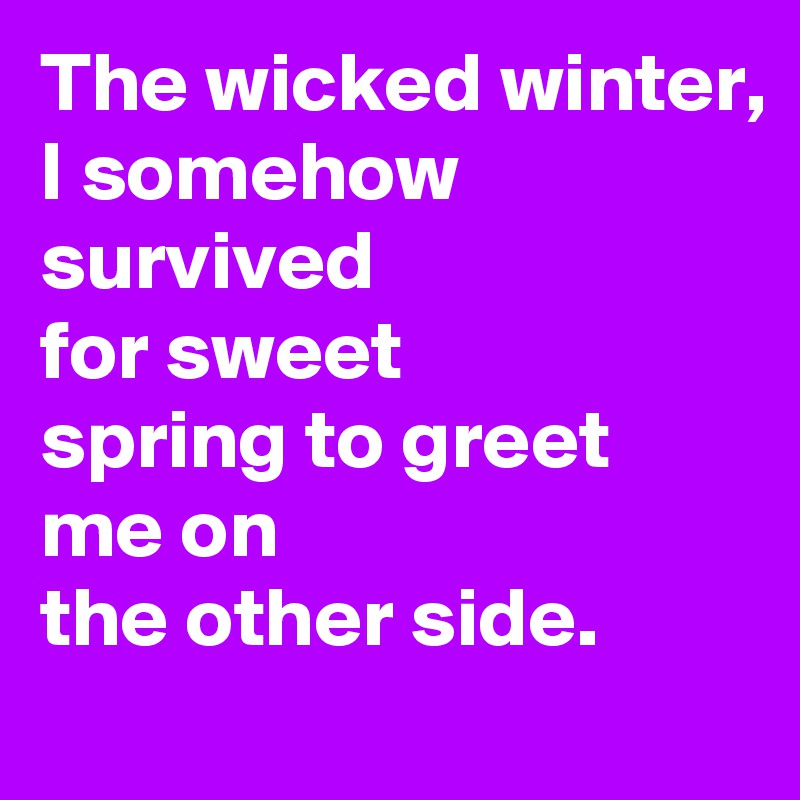 The wicked winter, I somehow survived
for sweet
spring to greet
me on
the other side.