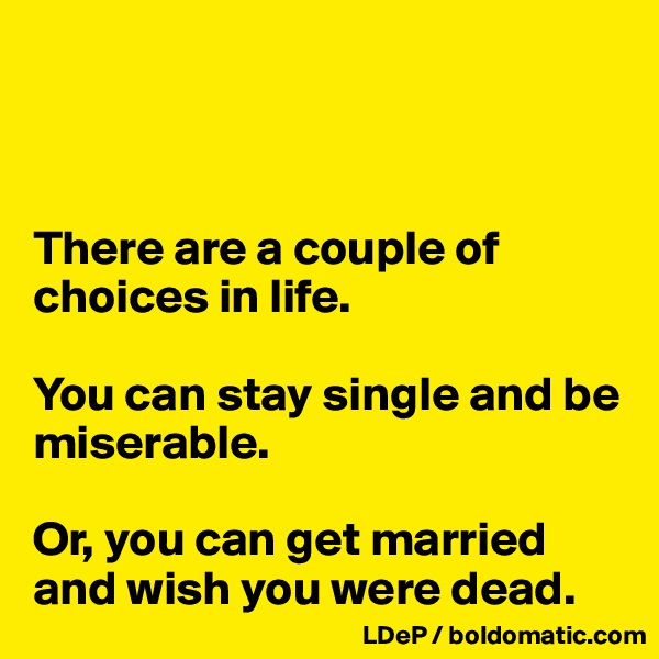 



There are a couple of choices in life. 

You can stay single and be miserable. 

Or, you can get married and wish you were dead. 