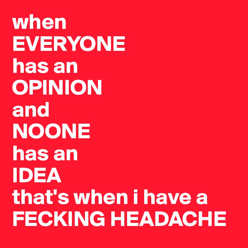 when
EVERYONE 
has an 
OPINION 
and
NOONE
has an
IDEA
that's when i have a 
FECKING HEADACHE