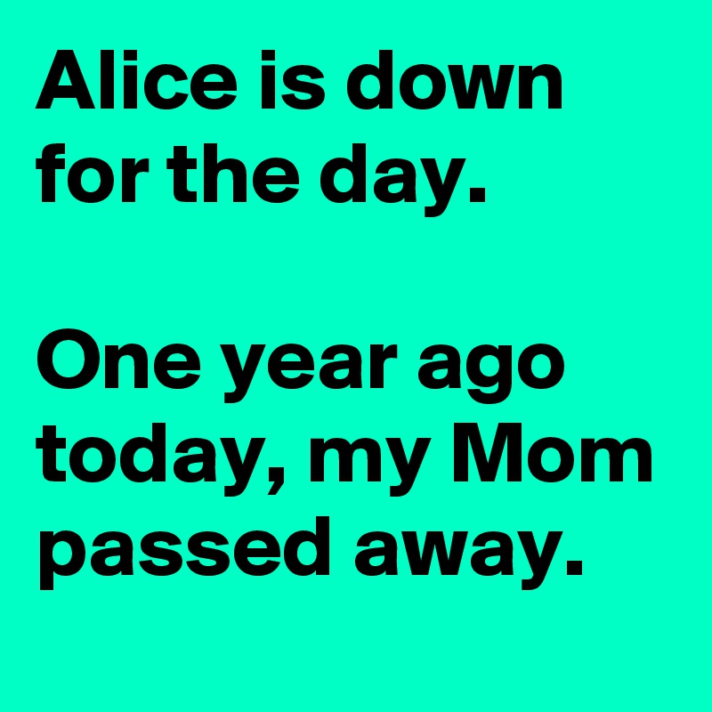 Alice is down for the day.

One year ago today, my Mom passed away.