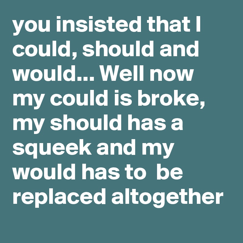 you insisted that I could, should and would... Well now my could is broke, my should has a squeek and my would has to  be replaced altogether