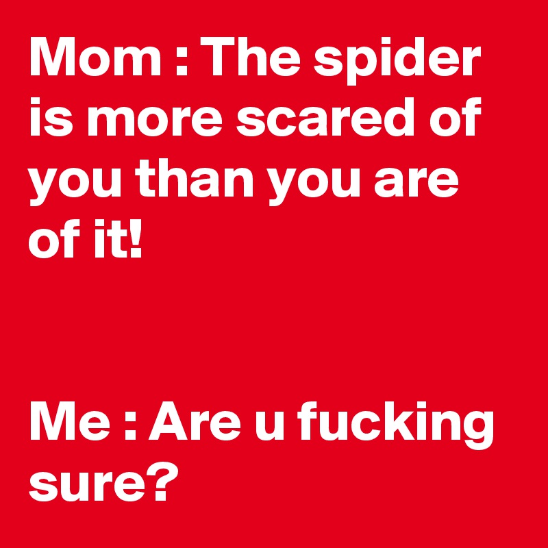 Mom : The spider is more scared of you than you are of it!


Me : Are u fucking sure?