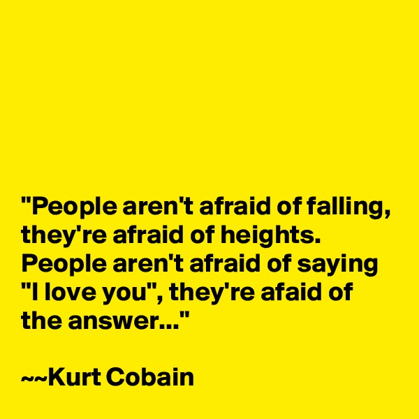 





"People aren't afraid of falling, they're afraid of heights. People aren't afraid of saying "I love you", they're afaid of the answer..."

~~Kurt Cobain
