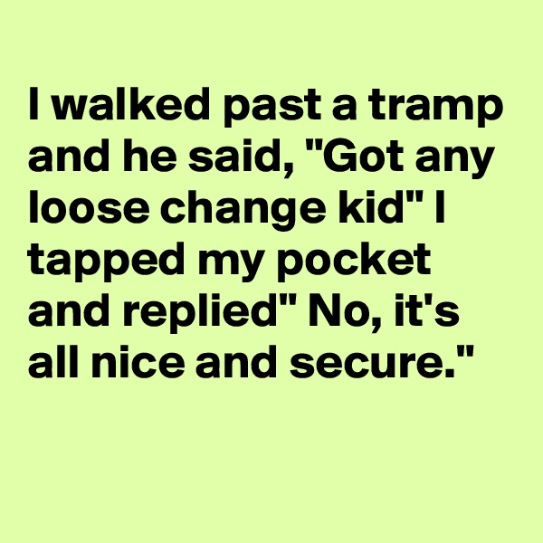 
I walked past a tramp and he said, "Got any loose change kid" I tapped my pocket and replied" No, it's all nice and secure."


