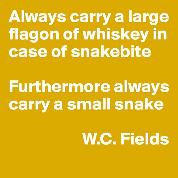Always carry a large flagon of whiskey in case of snakebite

Furthermore always carry a small snake

                     W.C. Fields