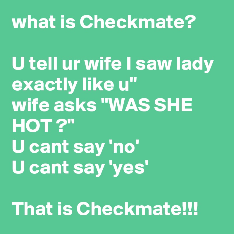 what is Checkmate?

U tell ur wife I saw lady exactly like u"
wife asks "WAS SHE HOT ?"
U cant say 'no'
U cant say 'yes'

That is Checkmate!!!